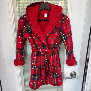 Joe Fresh Kids 7/8 Cozy Fleecy Plaid Robe with Stars, Pockets, Attached Belt